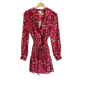 On 34th Red Combo Floral-Print Satin Collared Wrap Long Sleeve Mini Dress size S